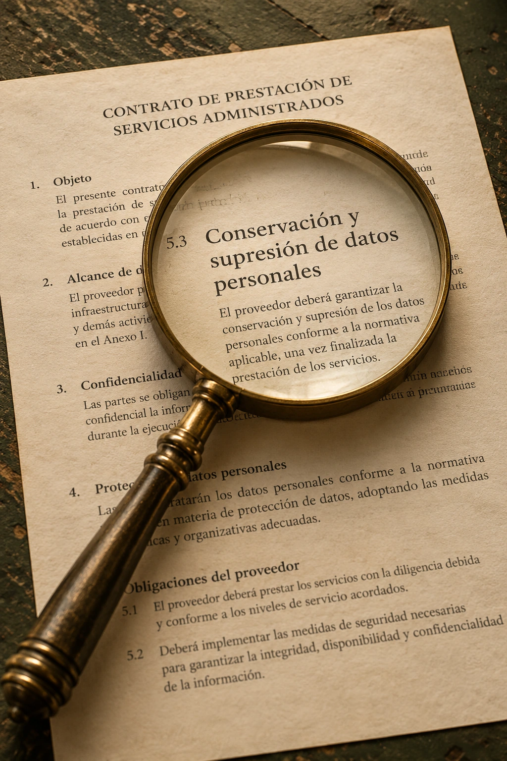 Lupa de latón sobre un contrato: Conservación y supresión de datos personales